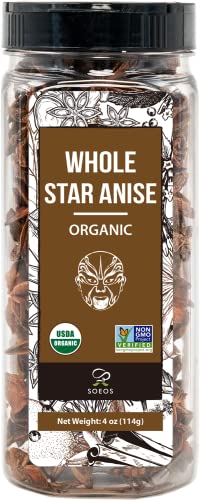 Soeos Organic Whole Star Anise 4 oz (114g), Whole Anise, Whole Chinese Star Anise Pods, Anise Seed Whole, Organic Star Anise Whole, Organic Star Anise Seeds, Star Anise Spice, Anis Star, Anis Seed, USDA Organic, Non-GMO Verified, Dried Star Anise Spice – Great for Beverages, Cooking, Baking