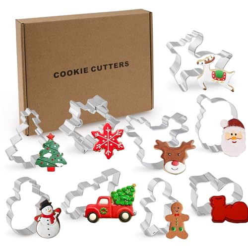 Moukiween Christmas Cookie Cutters-9 pieces Holiday Cookie Cutters Set, Big Stainless Steel Christmas Fondant Biscuit Cutters for Christmas Holiday Party and Baking Gift
