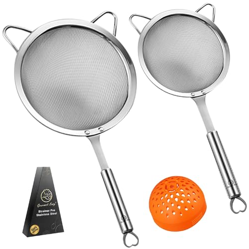 Stainless Steel Strainer Set - 1 Large Pasta Strainer + 1 Small Extra Fine Mesh Strainer + 1 Silicone Can Strainer - Rice Strainer,Flour Sifter for Baking - Strainers for Kitchen w/Sturdy Handle (SS)