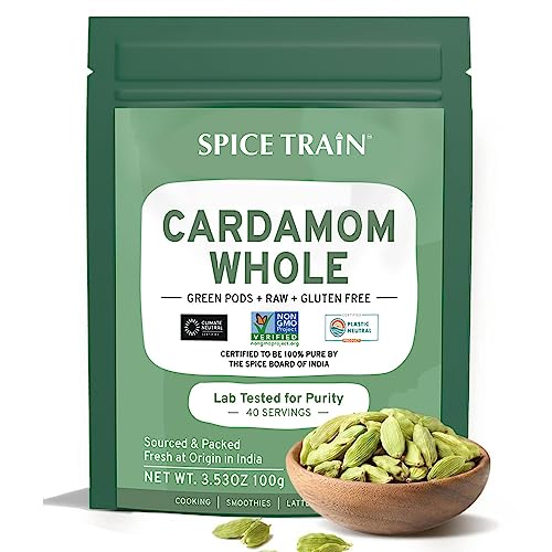 SPICE TRAIN, Organic Cardamom Pods (100g/ 3.53oz) +8mm Large size Green Cardamom Pods/Elaichi | Rich in Vit A & Antioxidants | USDA Certified Organic & 100% Raw from India in Resealable Ziplock Pouch