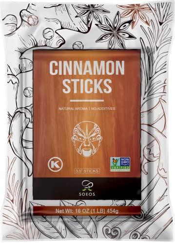 Soeos Cinnamon Sticks 16 oz (454g), Cinnamon, Cinnamon Sticks Bulk, 100% Raw, Non-GMO, Kosher Certified Cinnamon Sticks for Baking, Cooking and Beverages