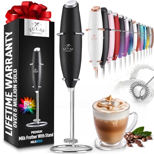 Zulay Original Milk Frother Handheld Foam Maker for Lattes - Whisk Drink Mixer for Coffee, Mini Foamer for Cappuccino, Frappe, Matcha, Hot Chocolate by Milk Boss (Black)
