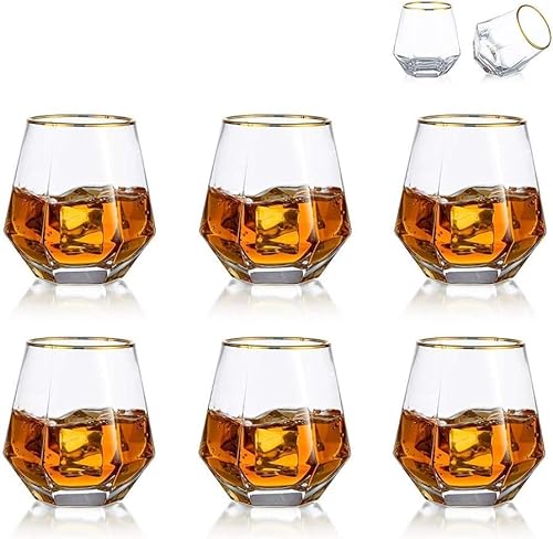 1 Pcs Diamond Whiskey Glass & 10 oz Gold Rim Glassware for Drinking Bourbon, Irish, Vodka, Cognac, Scotch, Wine and More