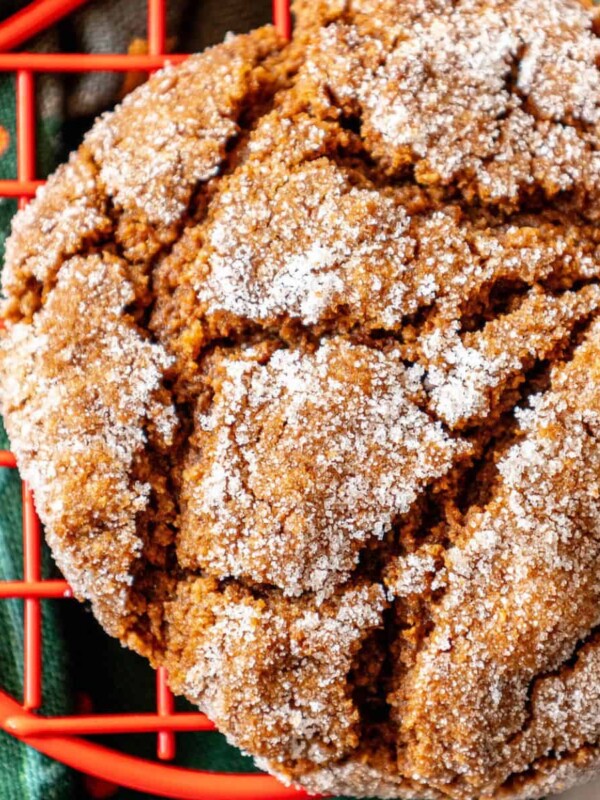 A soft gingerbread cookie on a wire rack with powdered sugar.