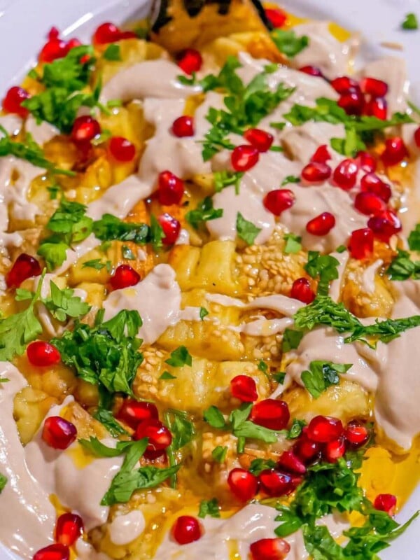 picture of eggplant with Tahini and pomegranate in Israel