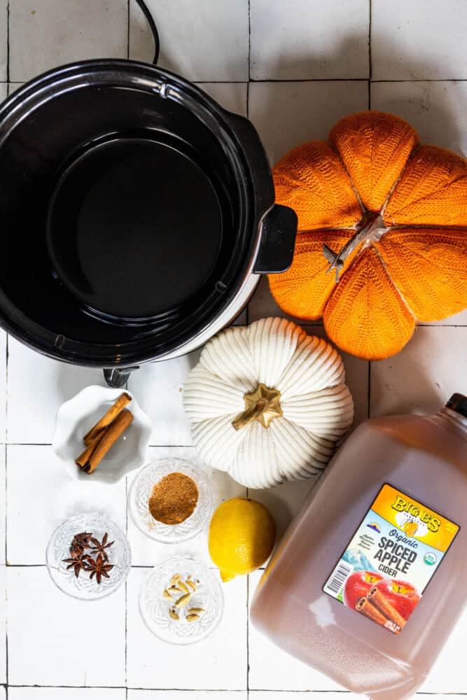 A slow cooker filled with mulled cider and decorated with pumpkins and spices on a tiled floor.