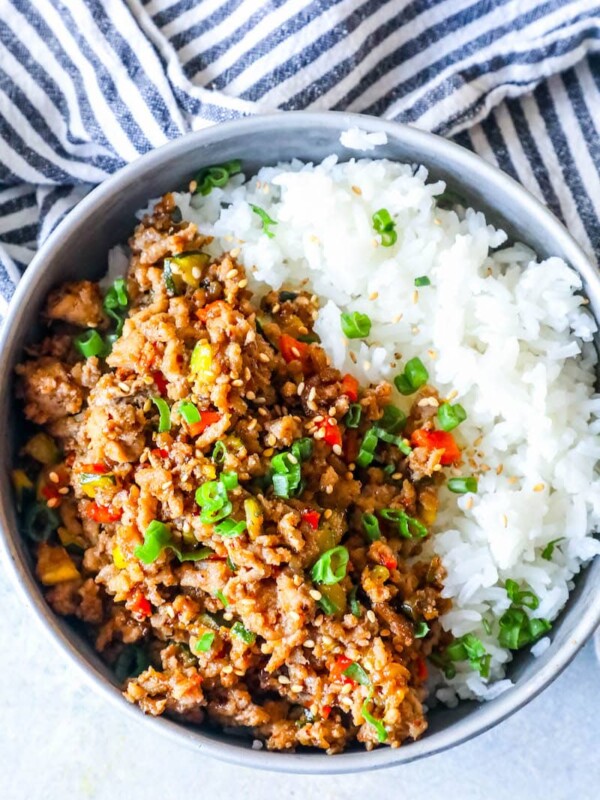 Easy Mongolian Turkey and Rice Bowls Recipe featuring ground turkey and rice.