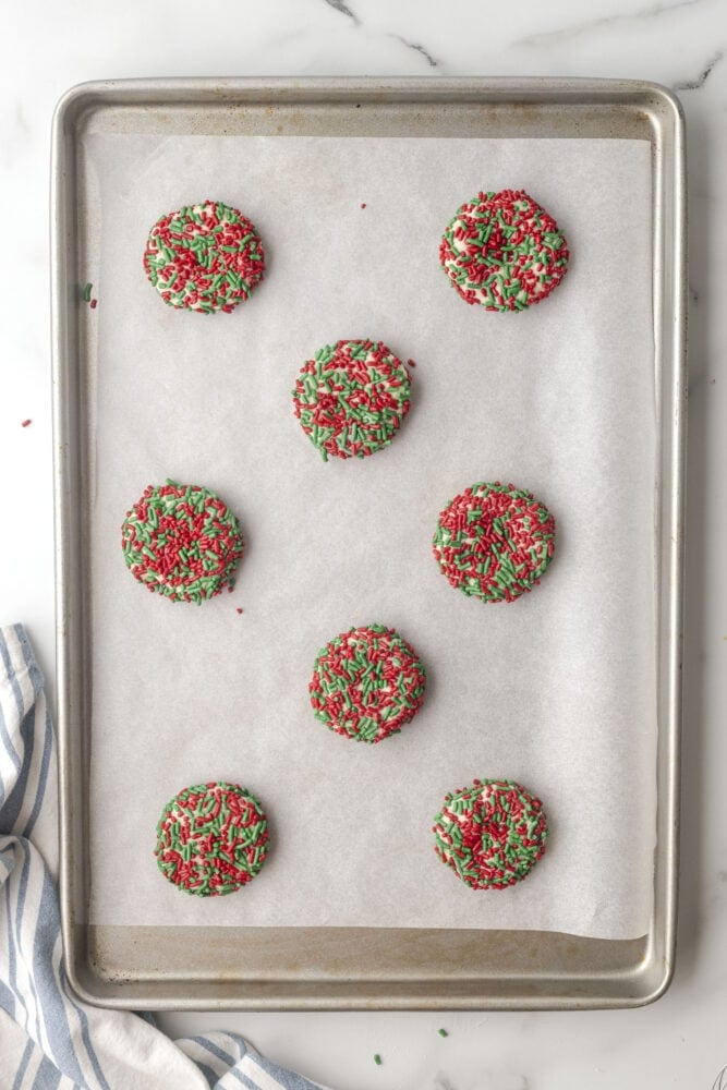 picture of sprinkle cookies on a baking sheet