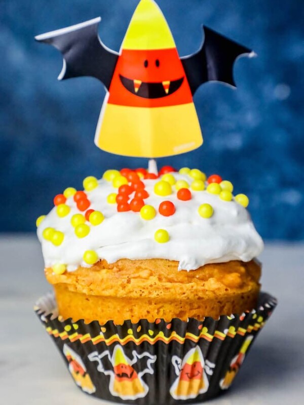 A pumpkin cupcake topped with a candy corn bat.