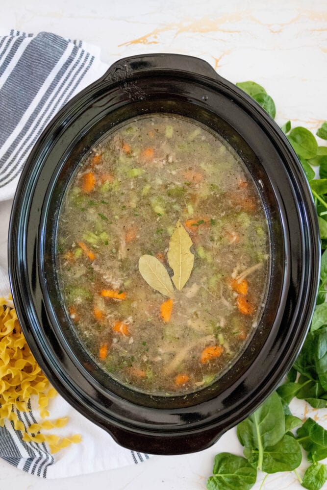 slow cooker with stock, carrots, celery, and bay leaves on it