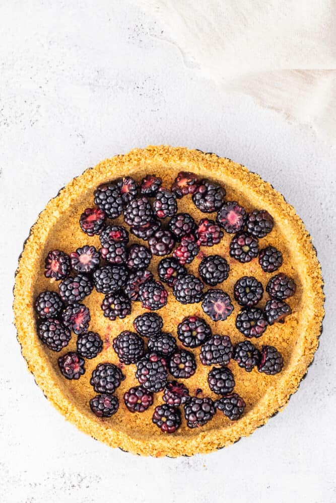 A white background supports a luscious blackberry pie topped with plump and juicy berries, creating a delightful White Chocolate Blackberry Tart.
