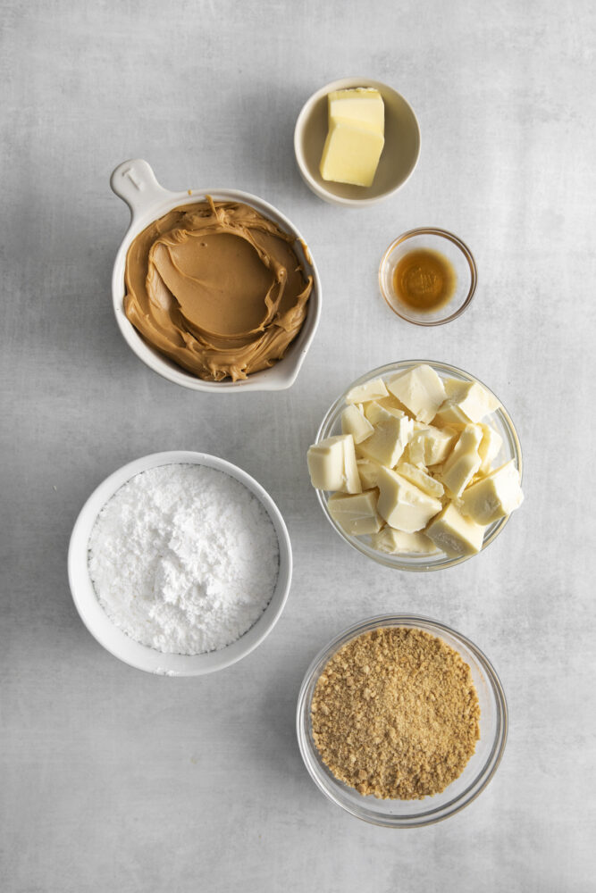picture of peanut butter, butter, sugar, vanilla, graham crackers, on a table