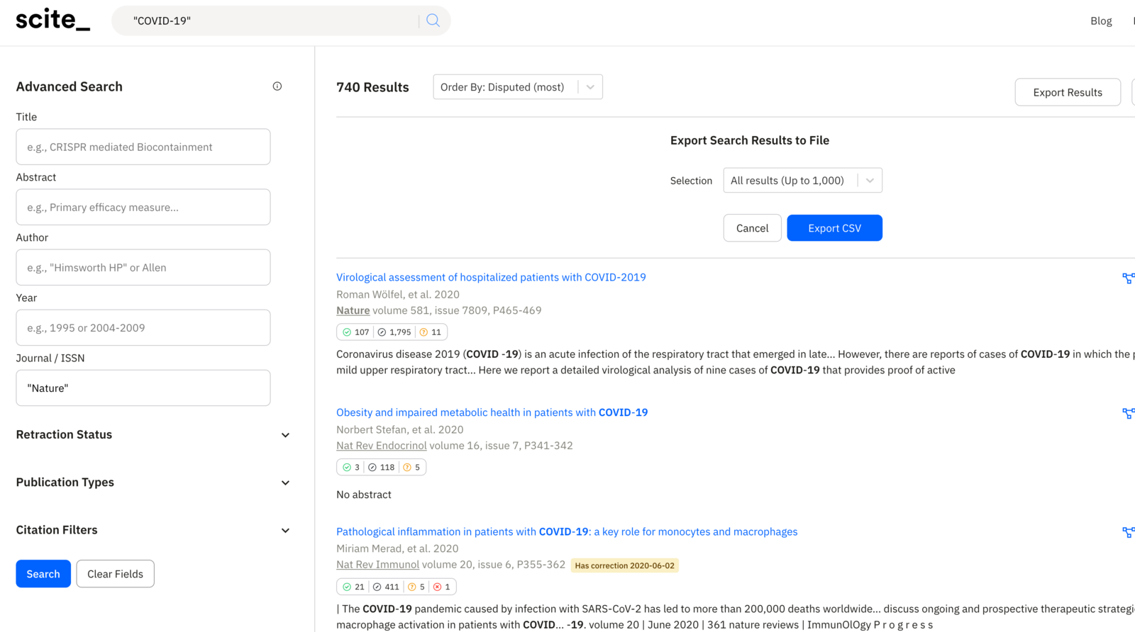 Example search results for COVID-19 related papers published in Nature. Note that clicking Export Results in the top right shows the export menu.