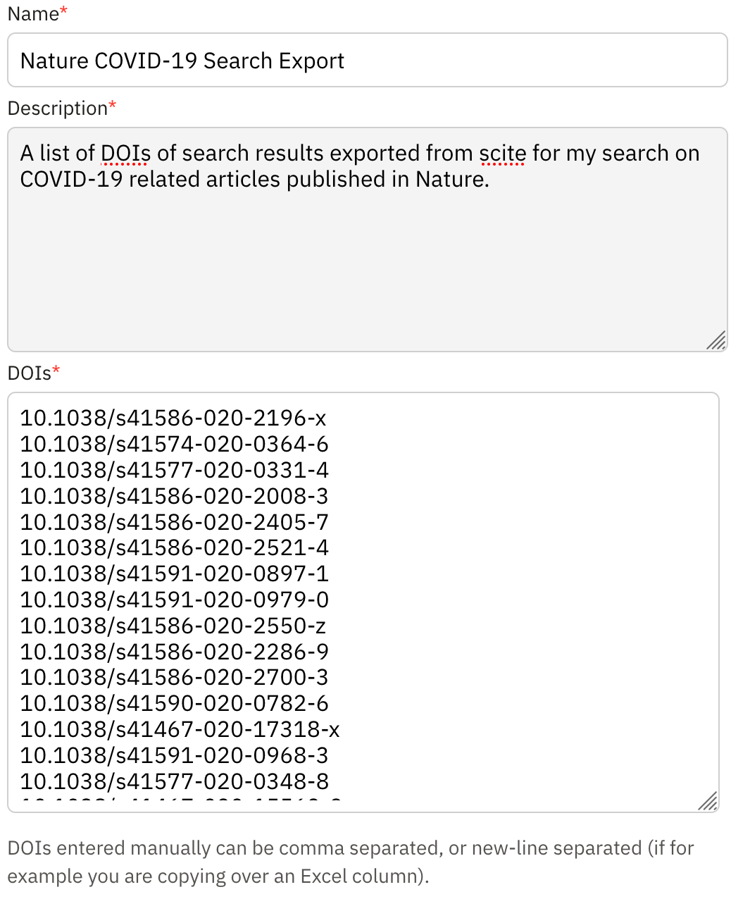 Screenshot from the Create Custom Dashboard form filled out with the DOIs from our exported search results. Note that the DOIs can be either comma separated or new-line separated.