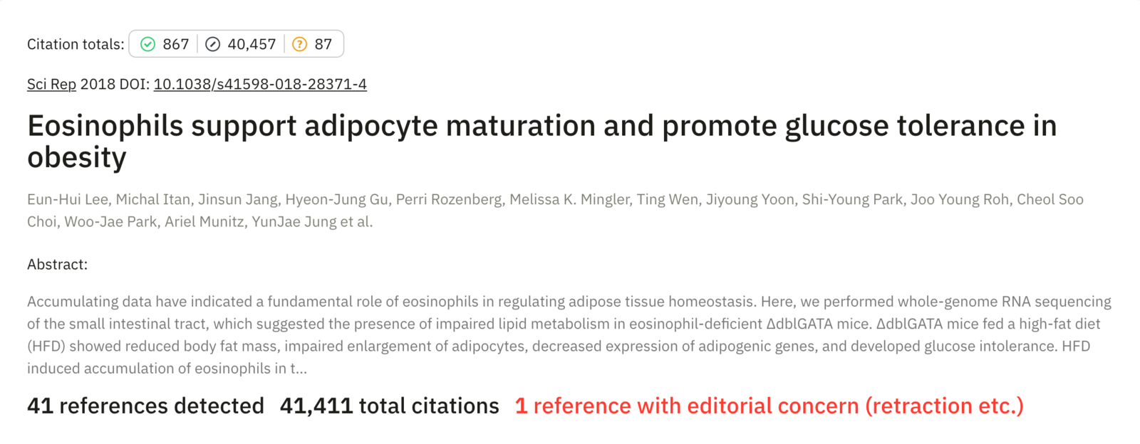 Reference Check generated for a sample manuscript entitled “Eosinophils support adipocyte maturation and promote glucose tolerance in obesity.”