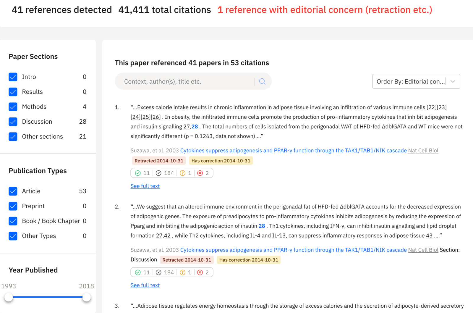 Reference Check output showing how the uploaded manuscript cites each of its references, along with other information about each reference (editorial notices, highly contrasted, and so on).