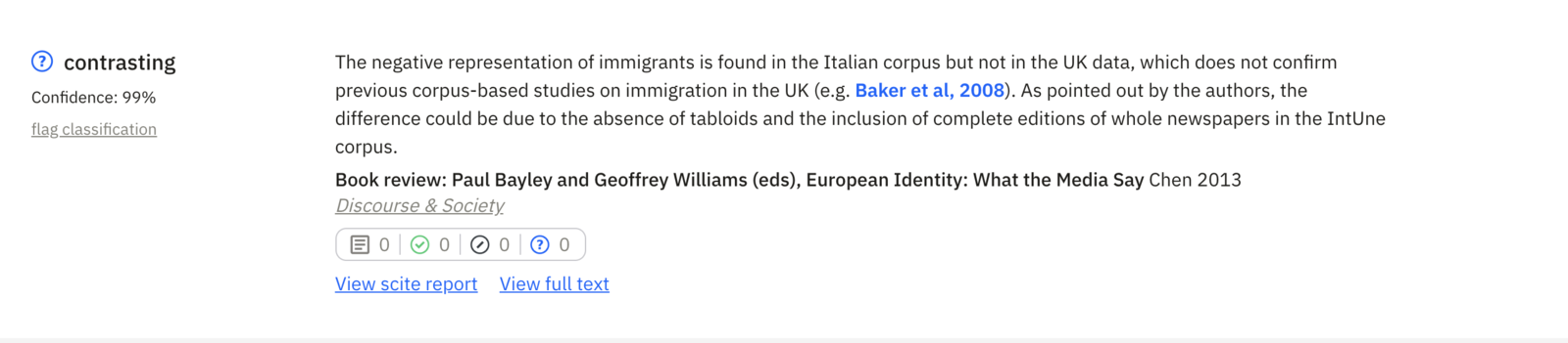 Example 8: Contrasting results from a study on how asylum seekers are spoken of in the UK press