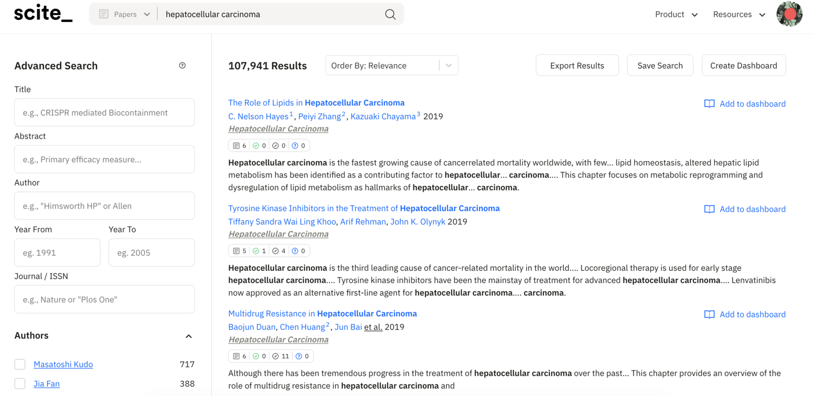 Figure 1. Search results for our initial query for publications related to “hepatocellular carcinoma”. We can see the top published authors in this set in the panel on the left.