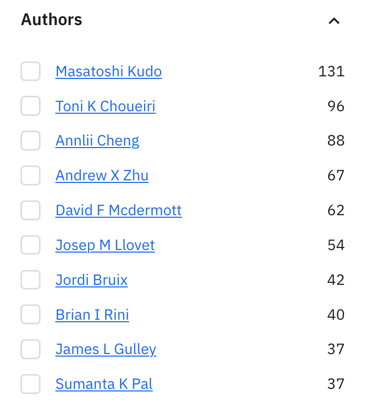 Figure 4. Top 10 authors from our search results for “hepatocellular carcinoma clinical trial immune checkpoint” with a filter applied to only get peer-reviewed research.