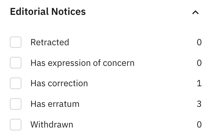 Figure 5. Counts of editorial notices for articles published by Masatoshi Kudo in our search parameters. There are no retracted studies, giving us confidence in drilling down further into their profile.