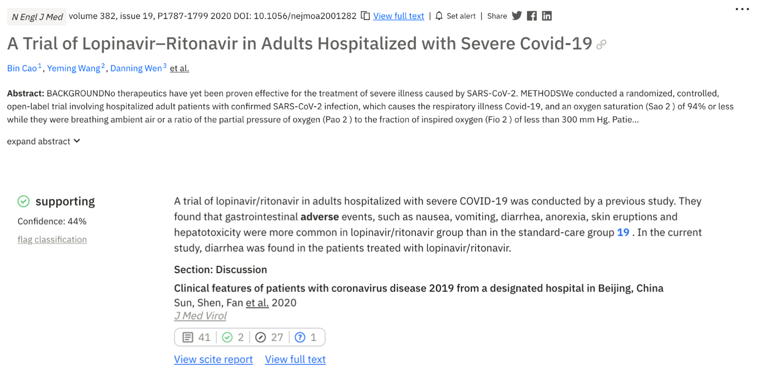 Figure 3. An example showing how the main paper “A trial of Lopinavir-Ritonavir…” was referenced in the discussion section of “Clinical features of patients with coronavirus…”. The citing paper by Sun et al. describes adverse events that Cao et al. observed in the experimental group of their study.