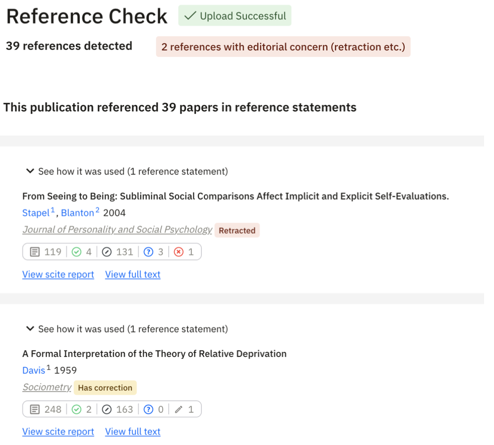 Figure 4. An example Reference Check report for a manuscript. You can immediately identify references that were retracted, or had some sort of editorial notice, and more, to ensure you cite reliable research.