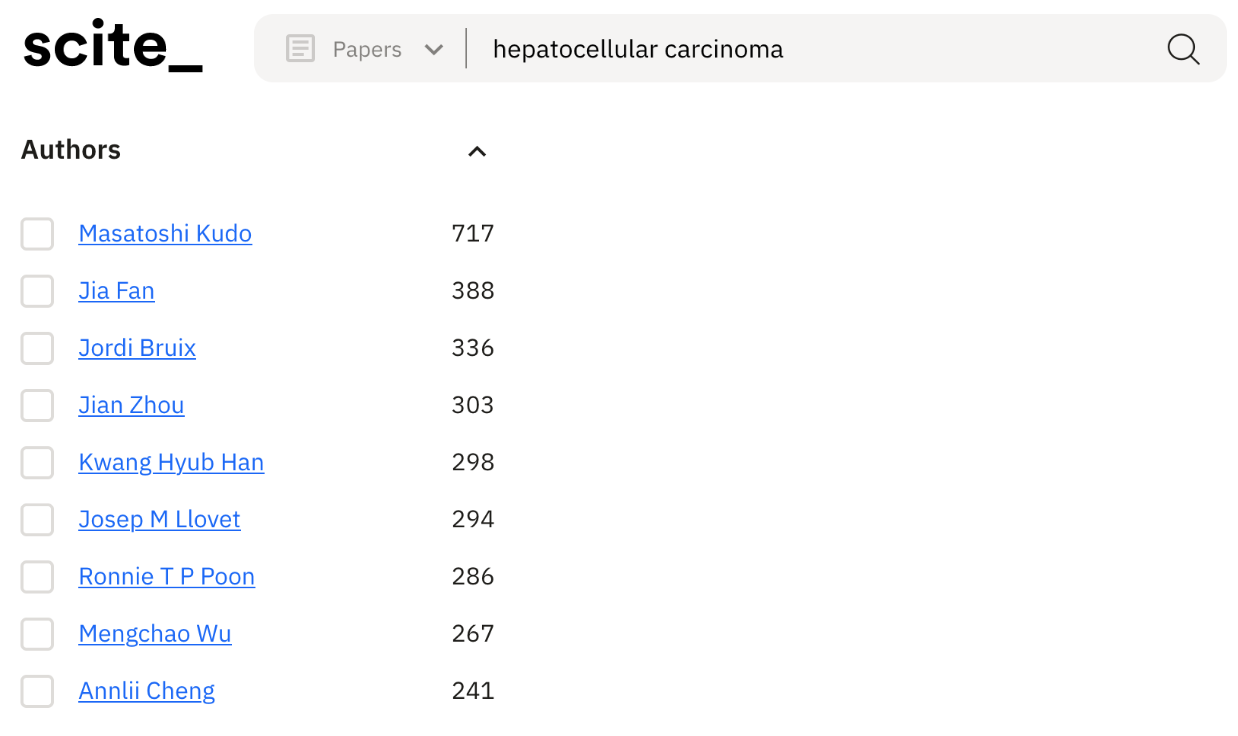 Figure 1. Searching for disease areas and using the aggregation filters can help you quickly identify the most published authors in an area. Using additional filters to exclude retracted or heavily contrasted publications, preprints, and so on can be used to quickly find reliable experts in new areas.