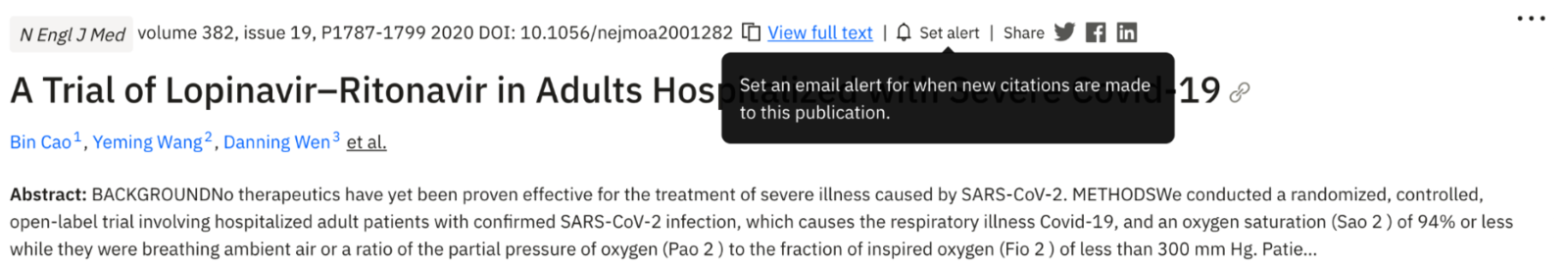 Figure 2. You can click “Set alert” on key papers or on groups of papers through saved searches and dashboards to be notified whenever new citations are made to them.