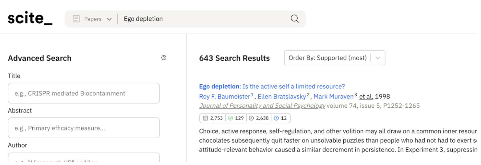 Example of a search for Ego Depletion papers