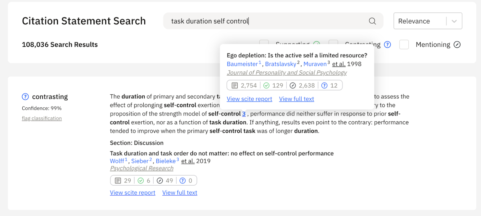 Example of a search for task duration and self control in citation statements